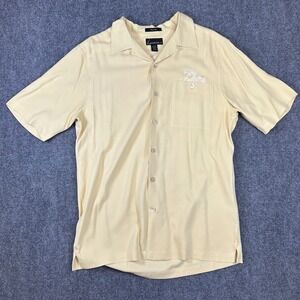 Luau Mens Silk Short Sleeve Button Down Shirt Yellow Parrot Embroidered Medium
